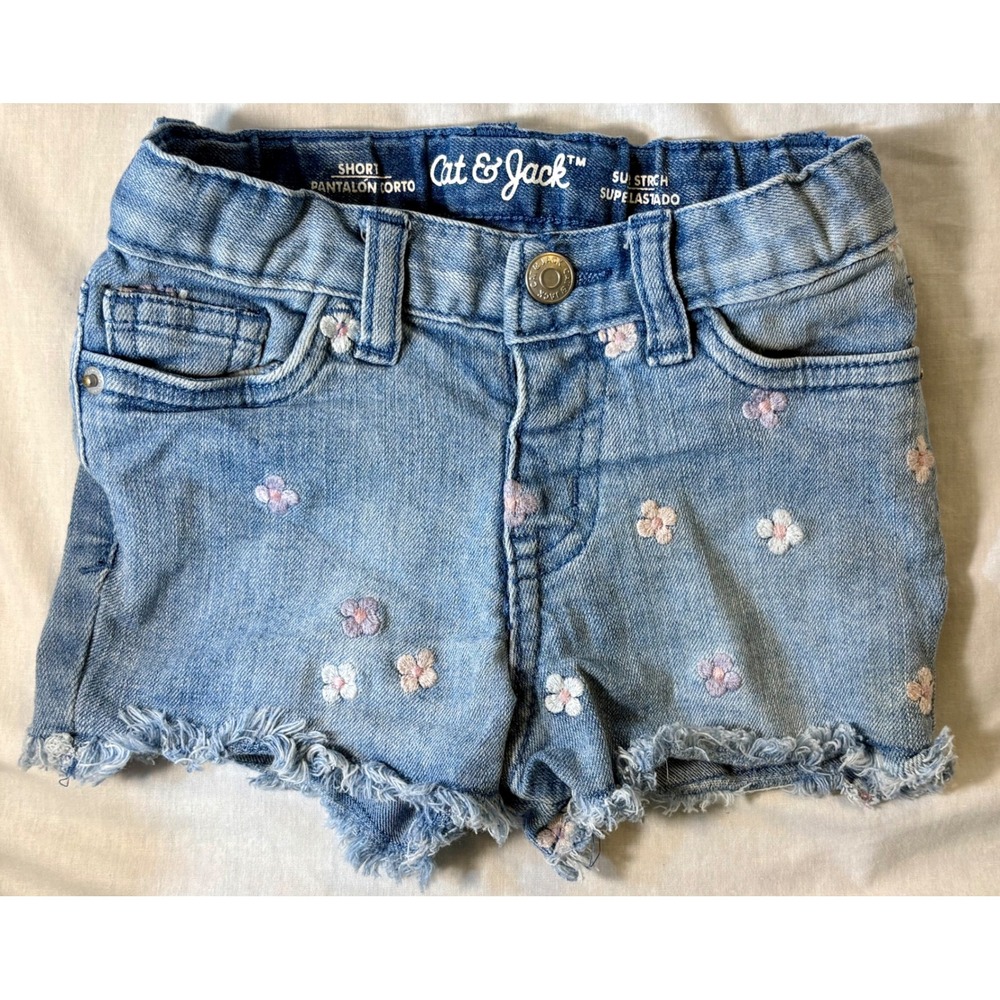 Cat & Jack Girls Toddler Floral Embroidered Denim Jean Shorts Light Wash‎ 2T